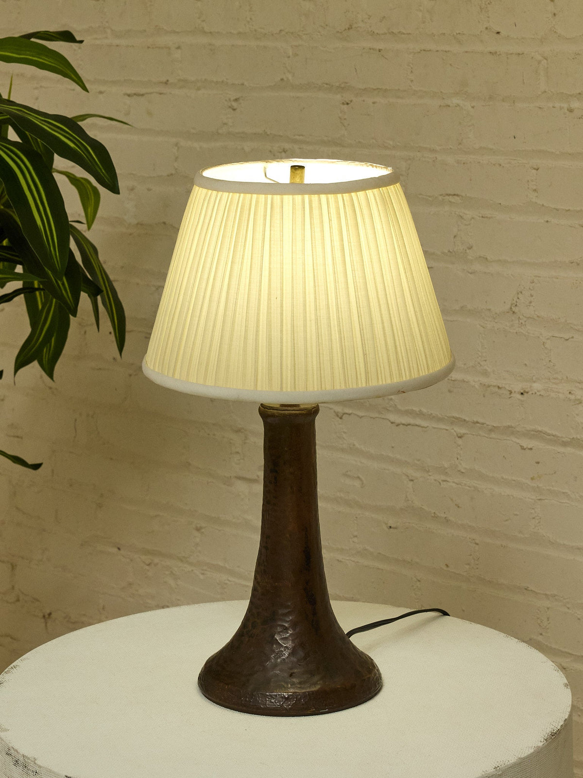 Vintage Sculptural Dark Brown Table Lamp with Pleated Shade