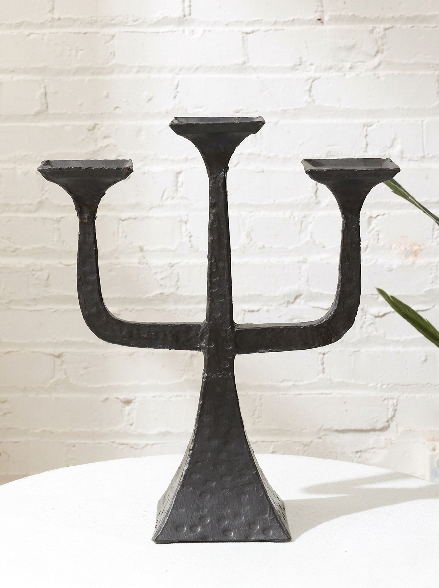Vintage Brutalist Three-Arm Iron Candelabra