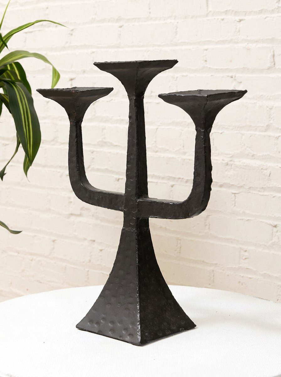 Vintage Brutalist Three-Arm Iron Candelabra
