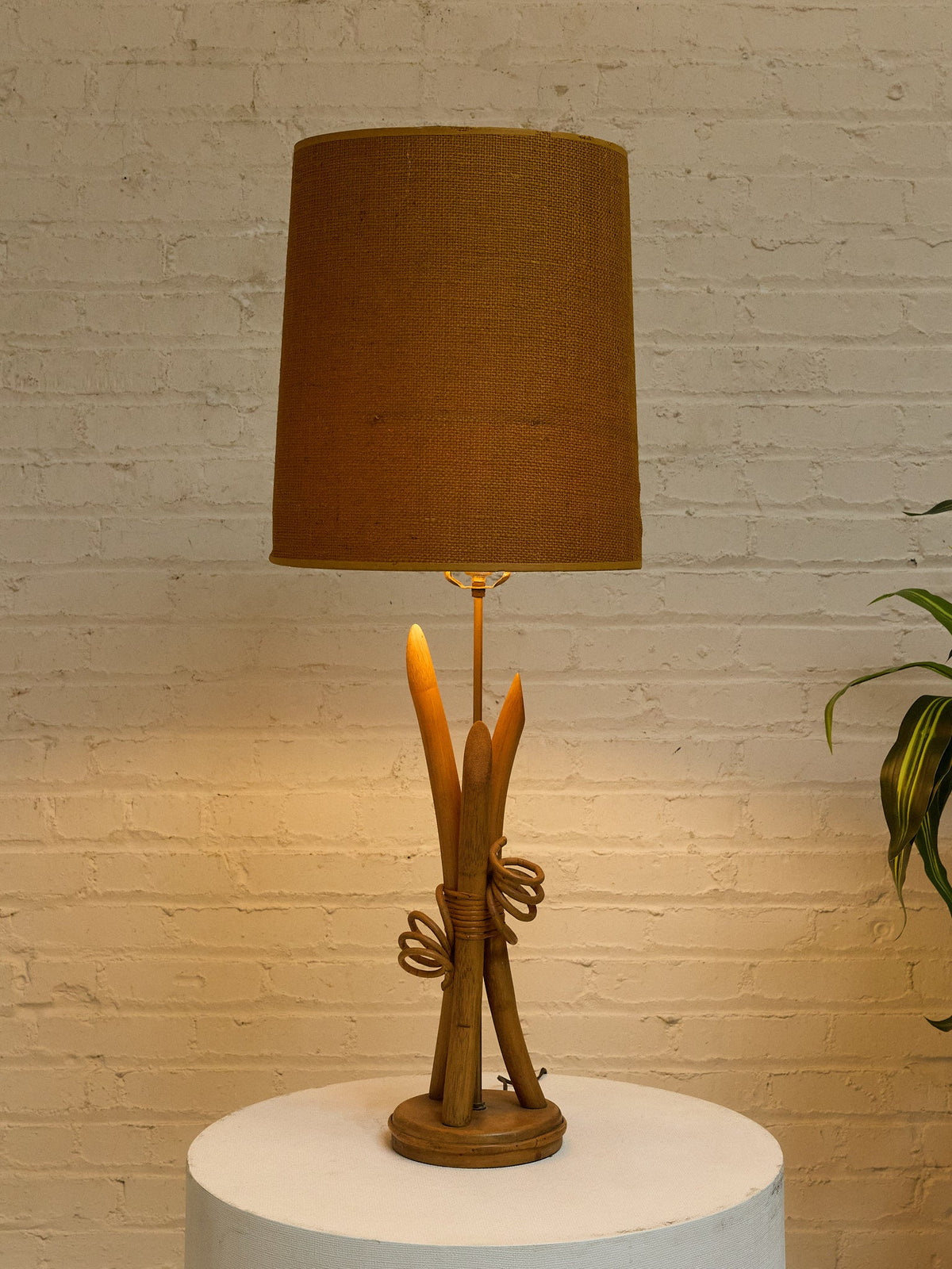 Vintage Sculptural Wood Table Lamp with Woven Shade