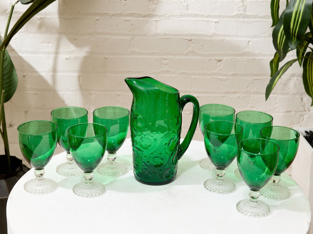 Vintage Emerald Green Goblet Glassware Set with Pitcher