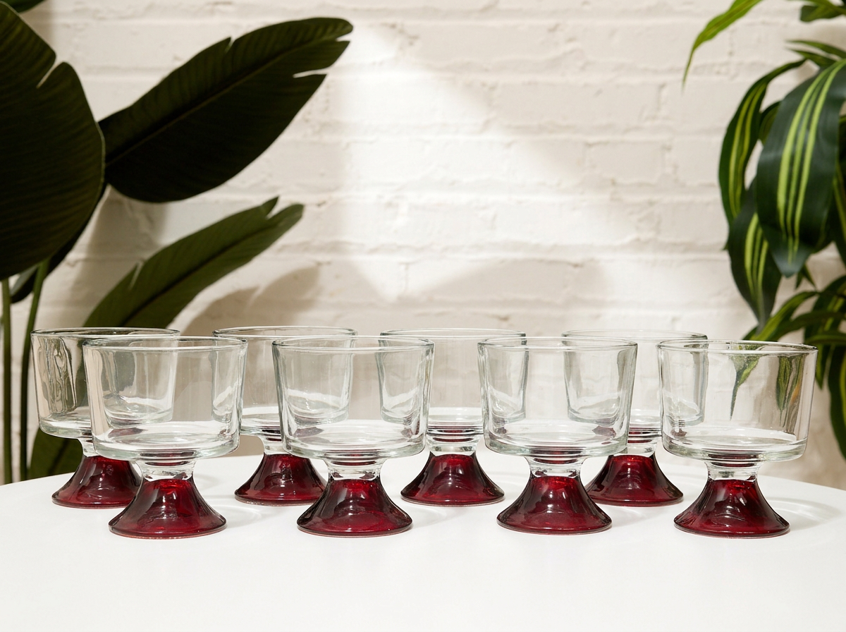 Vintage Smoke Glass Tumblers with Ruby Red Bases – Set of 8