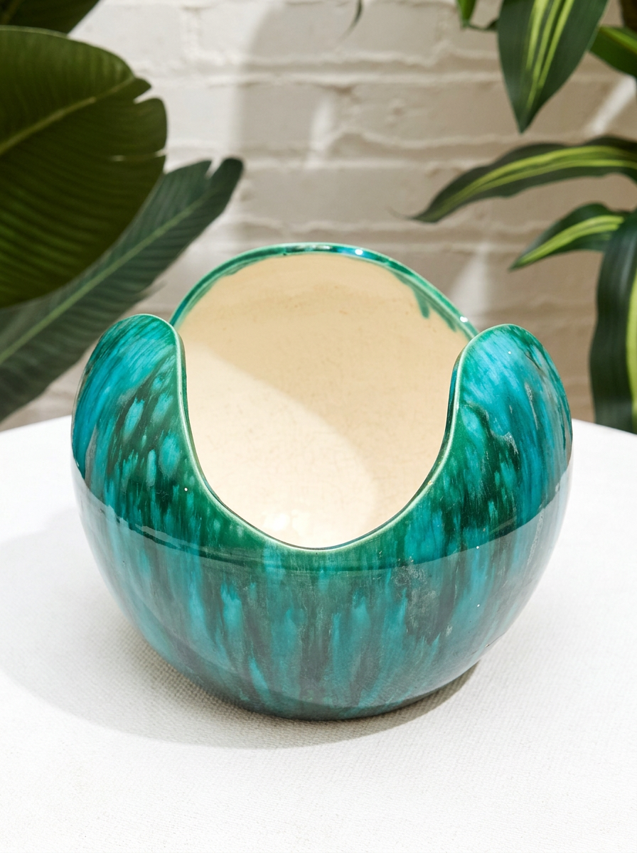 Vintage Turquoise Glazed Sculptural Ceramic Bowl