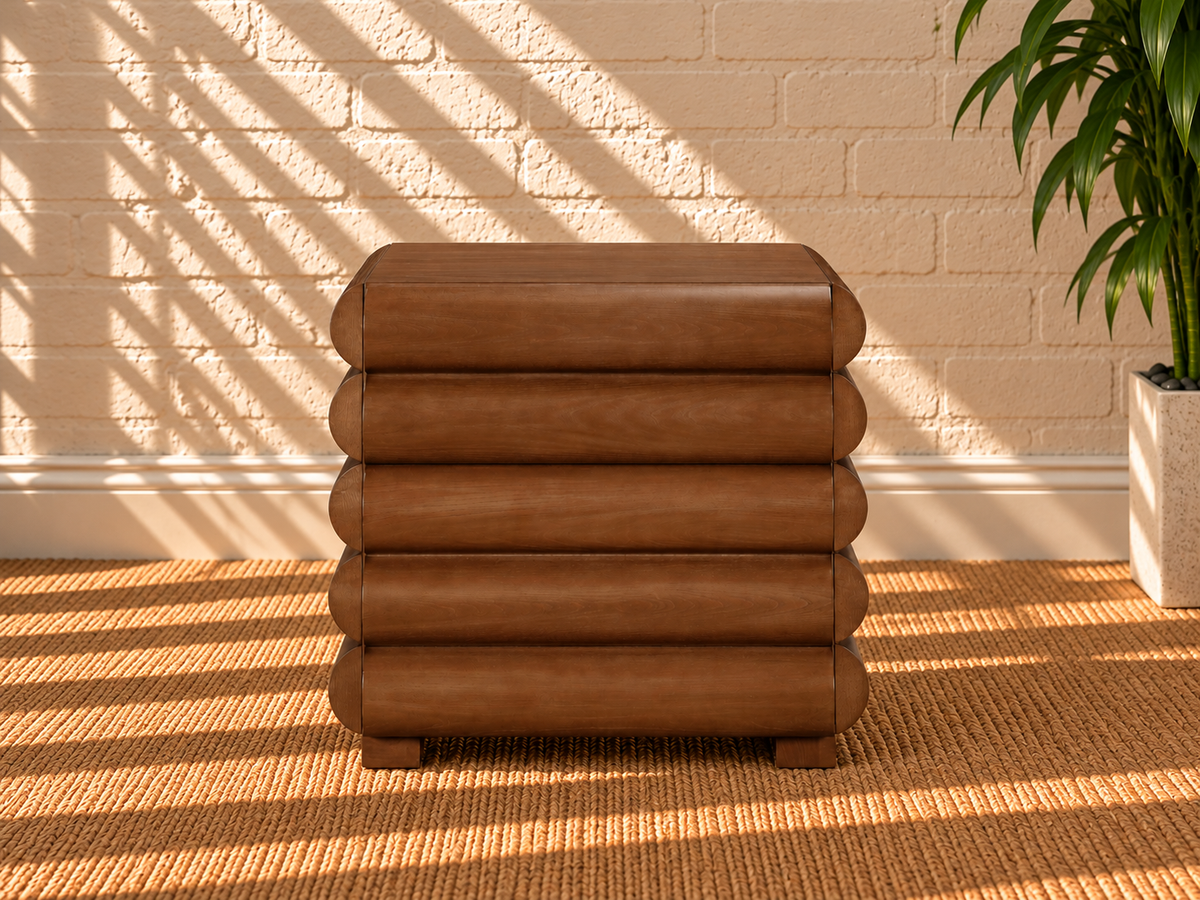 Sylvan Fluted Walnut Nightstand with Drawer in Natural Brown