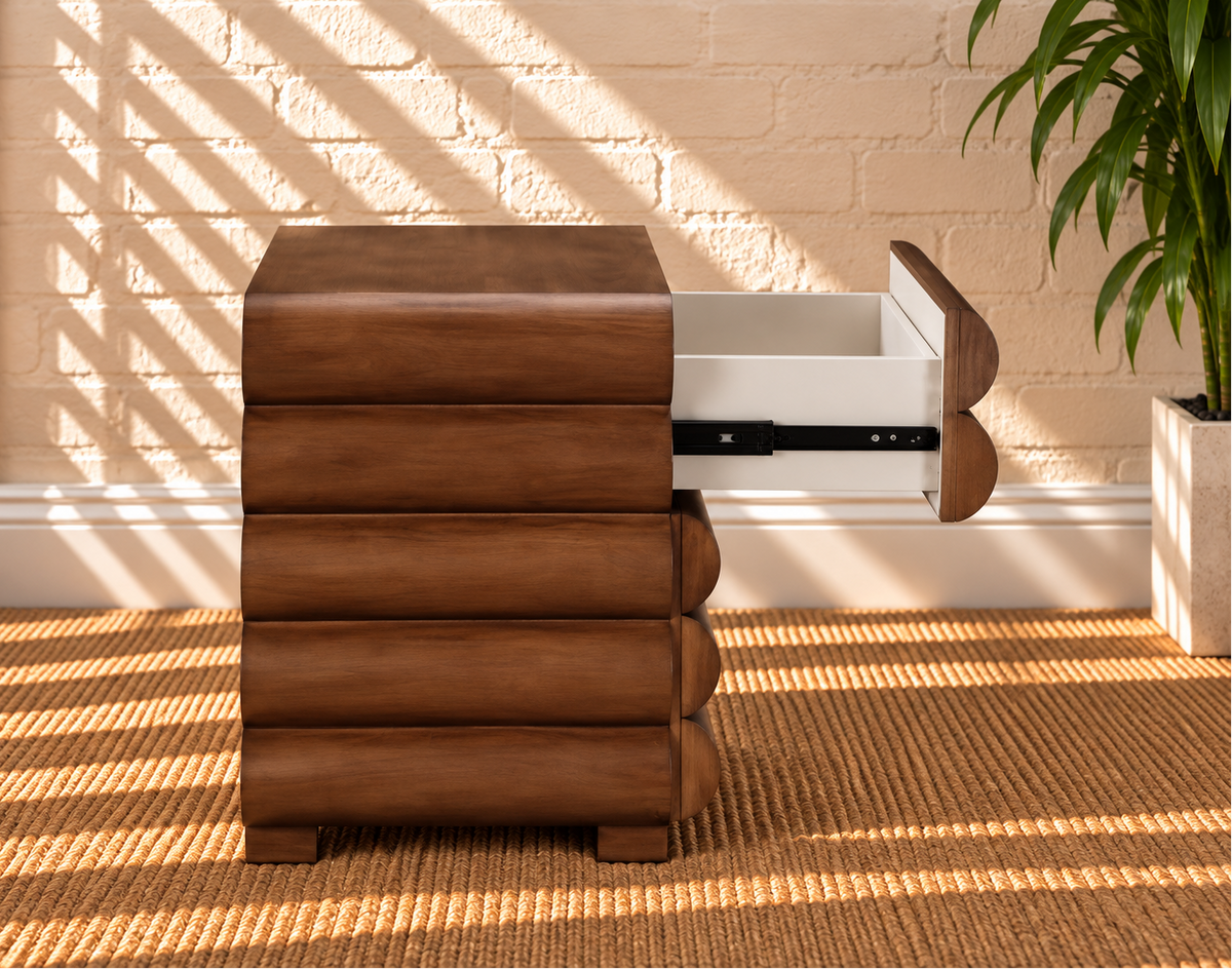 Pair of Sylvan Fluted Walnut Nightstands with Drawer in Natural Brown