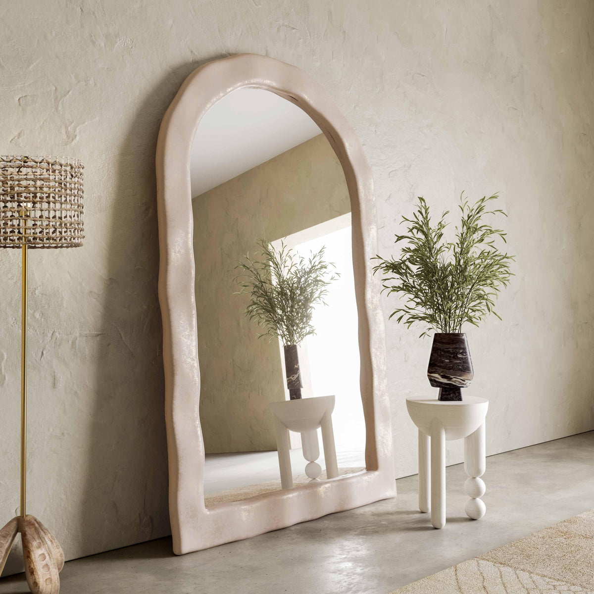 Kaia 48"X79" Cream Lightweight Faux Stone Floor Mirror