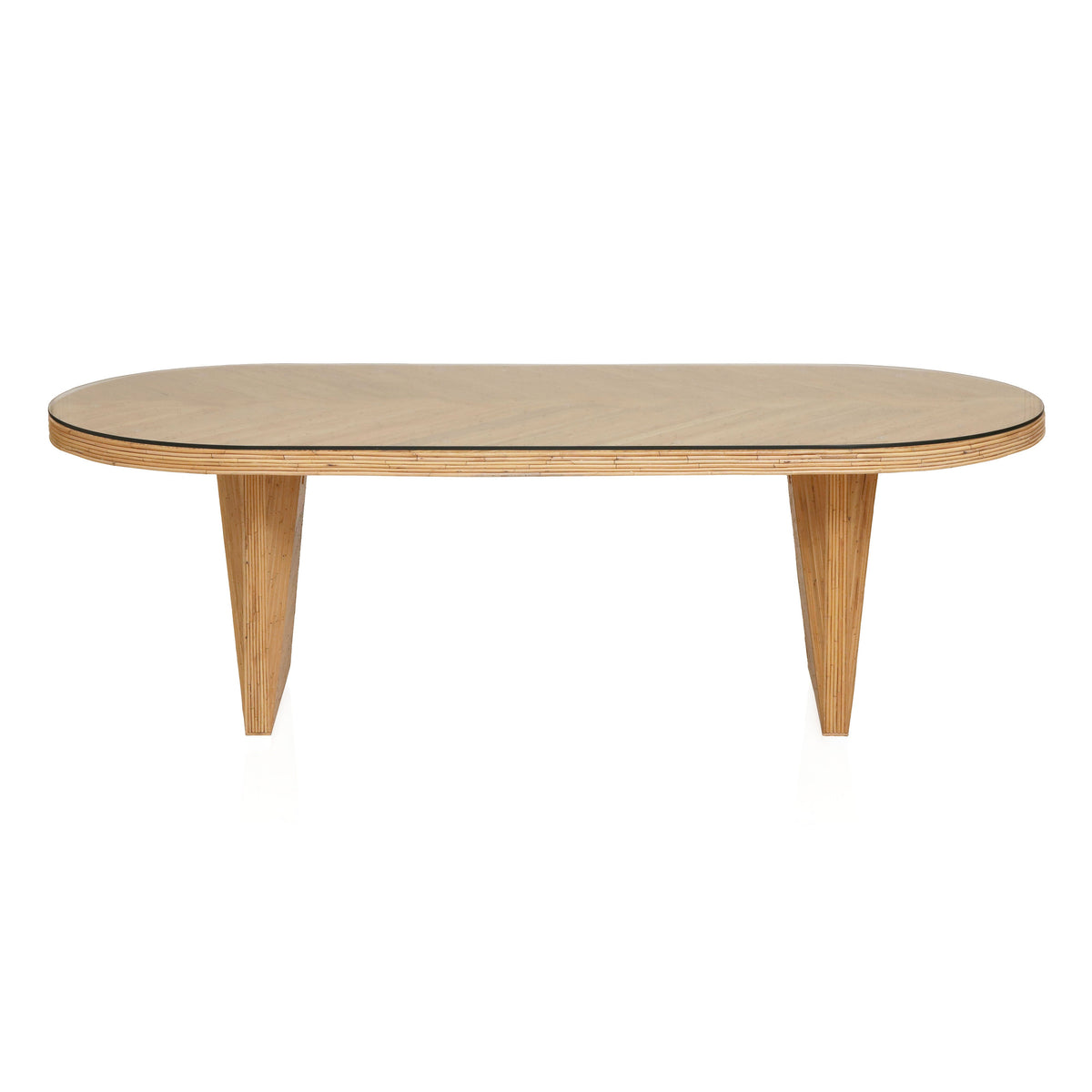 Caren 95" Natural Rattan and Glass Oval Dining Table