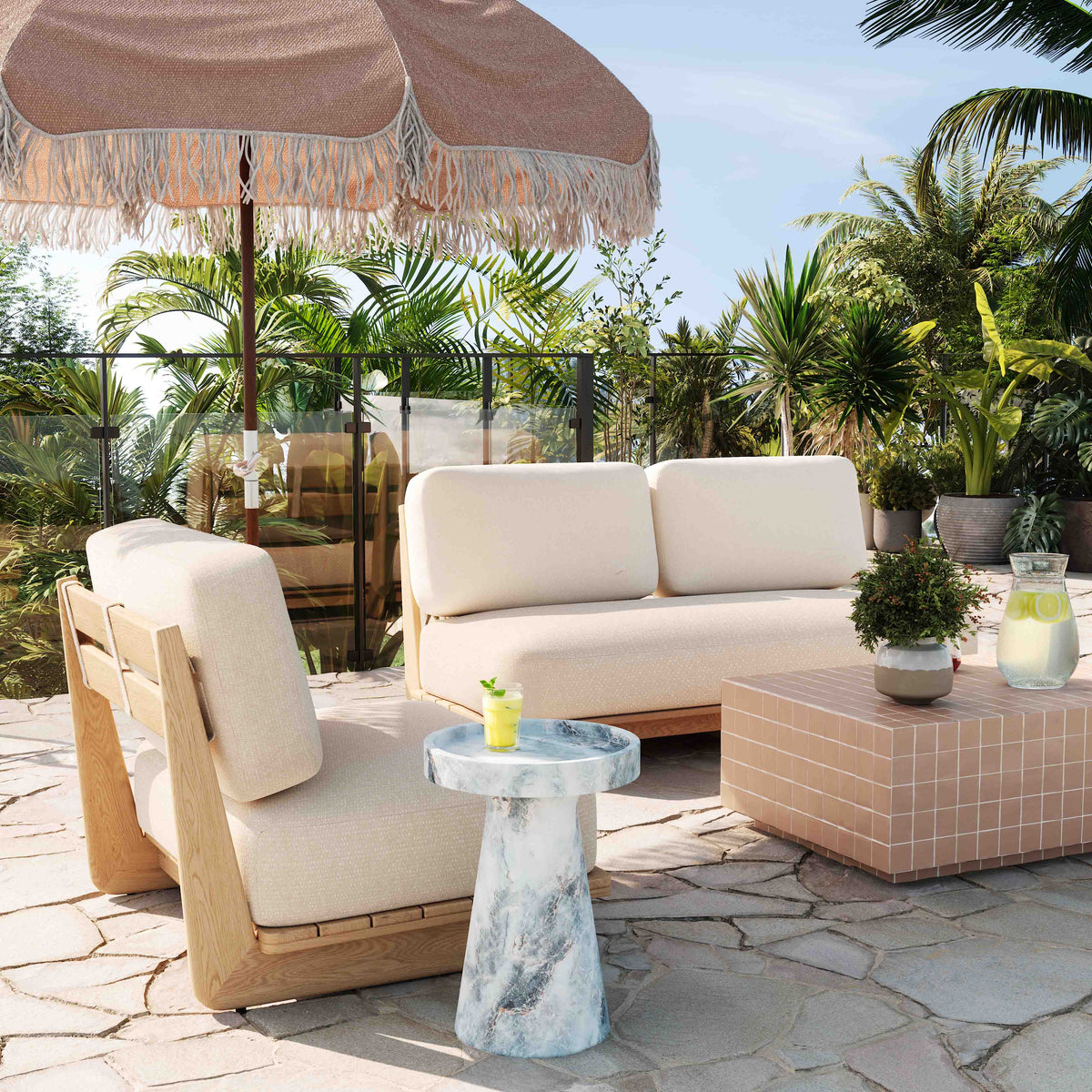 Reavan 67" Cream Performance Fabric Outdoor Lounge Sofa