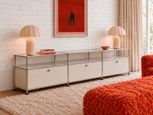 Three-Drawer White Media Console with Chrome Frame
