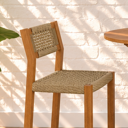 Victoria Slatted outdoor Bar Table with Two Rattan Bar Stools in Warm Teak