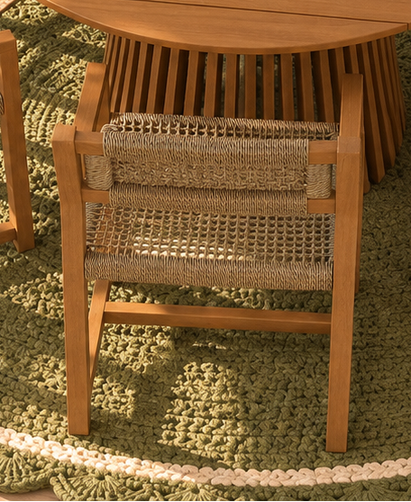 Victoria Slatted Outdoor indoor Dining Table with Six Rattan Armchairs in Warm Teak