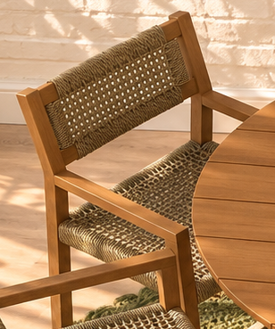 Victoria Slatted Outdoor indoor Dining Table with Six Rattan Armchairs in Warm Teak