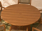 Victoria Slatted Outdoor indoor Dining Table with Six Rattan Armchairs in Warm Teak