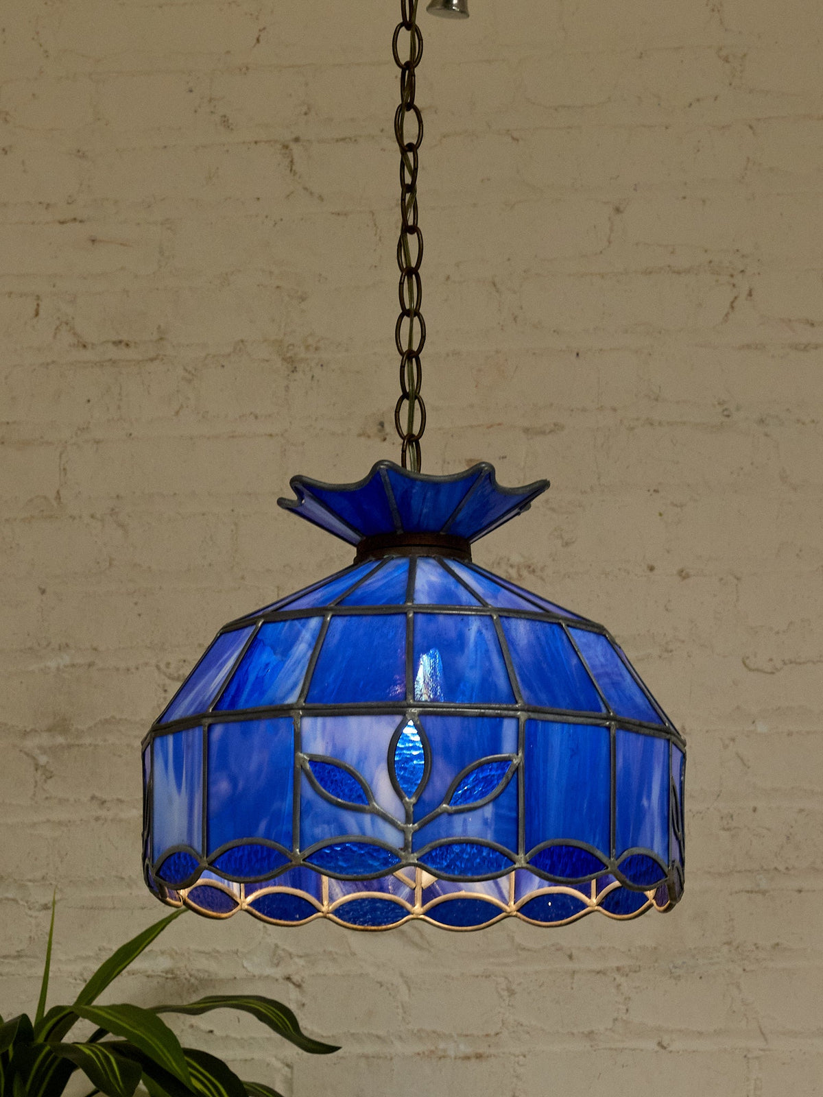 Vintage Blue Stained Glass Tiffany-Style Pendant Lampshade