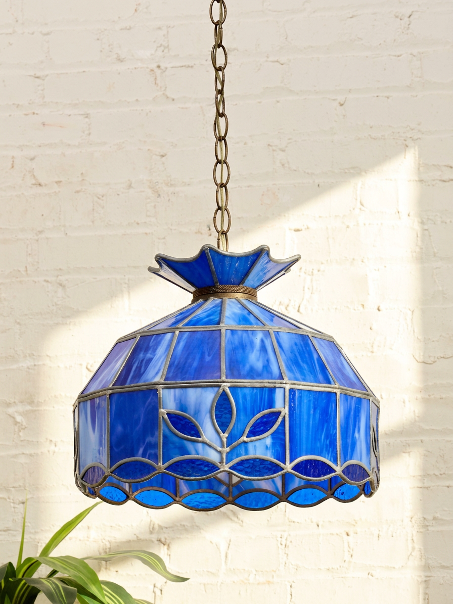 Vintage Blue Stained Glass Tiffany-Style Pendant Lampshade