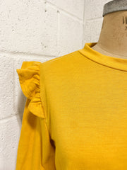 Mustard Knit Blouse with Ruffled Shoulder Detail (L)